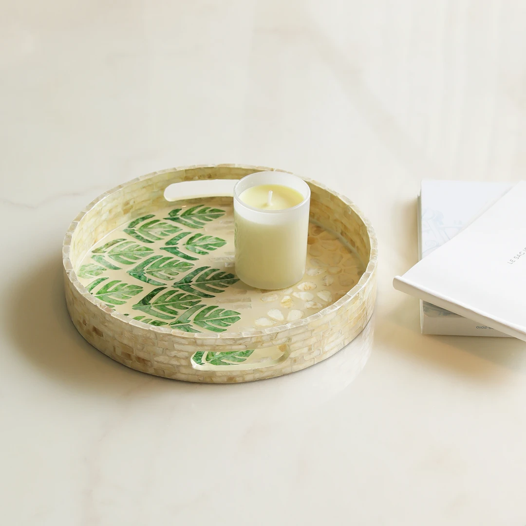 【落花听松】DOKKY轻奢天然海贝镶嵌.INS风|圆形.进口收纳茶托盘