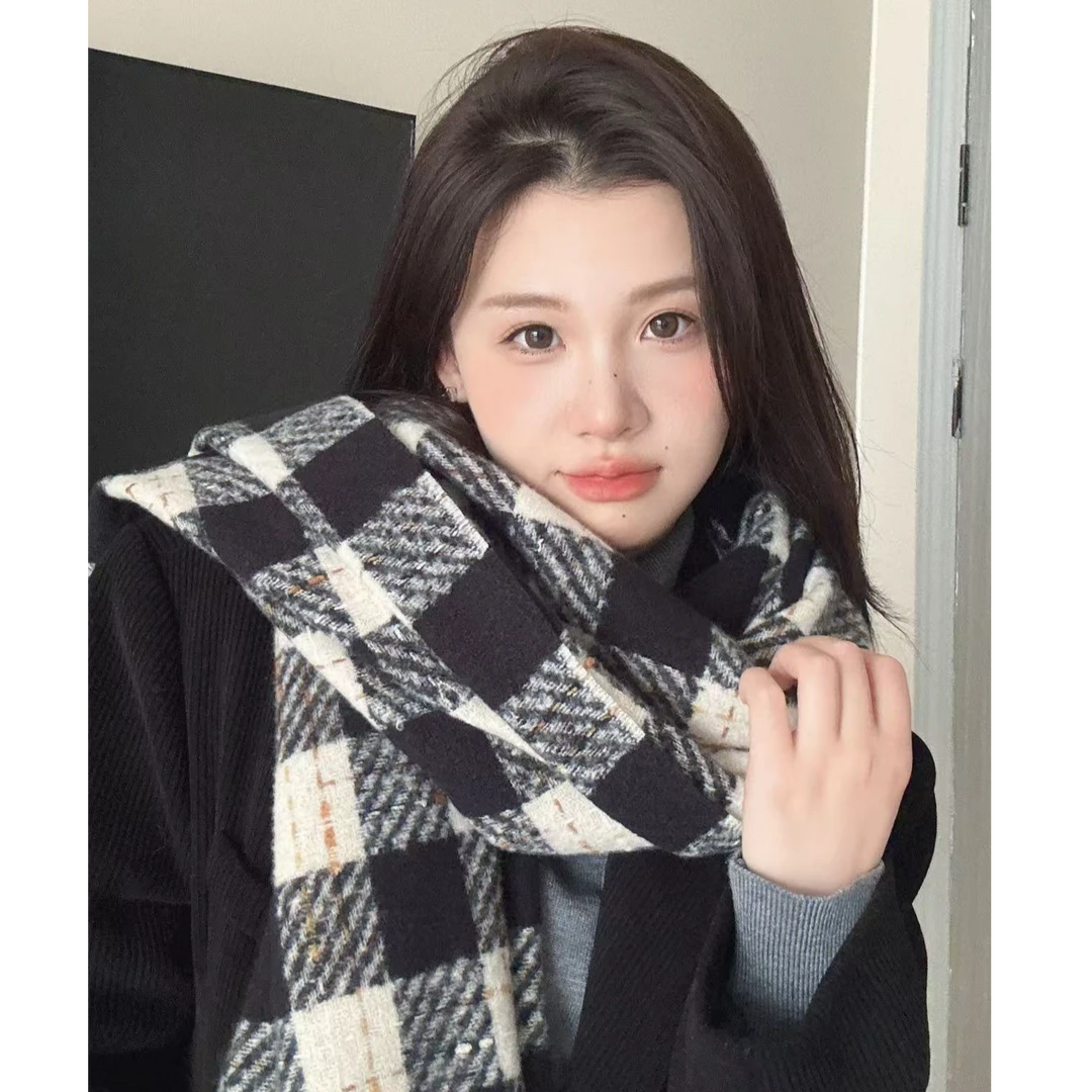 秋冬时尚保暖百搭围巾韩系氛围感格子护颈围脖高品质学院风围巾