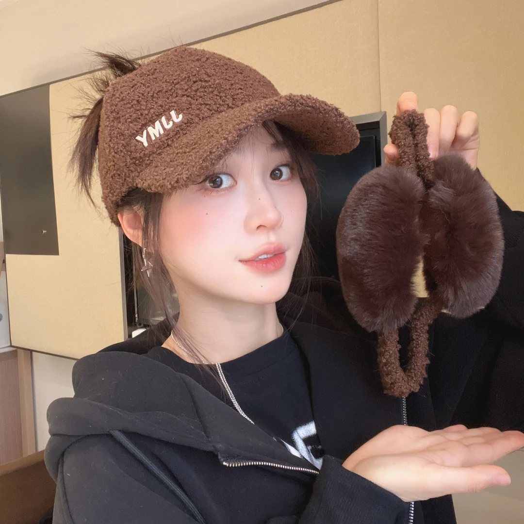 九九原创秋冬可扎高马尾鸭舌帽加可拆卸毛绒保暖耳罩时尚百搭加厚