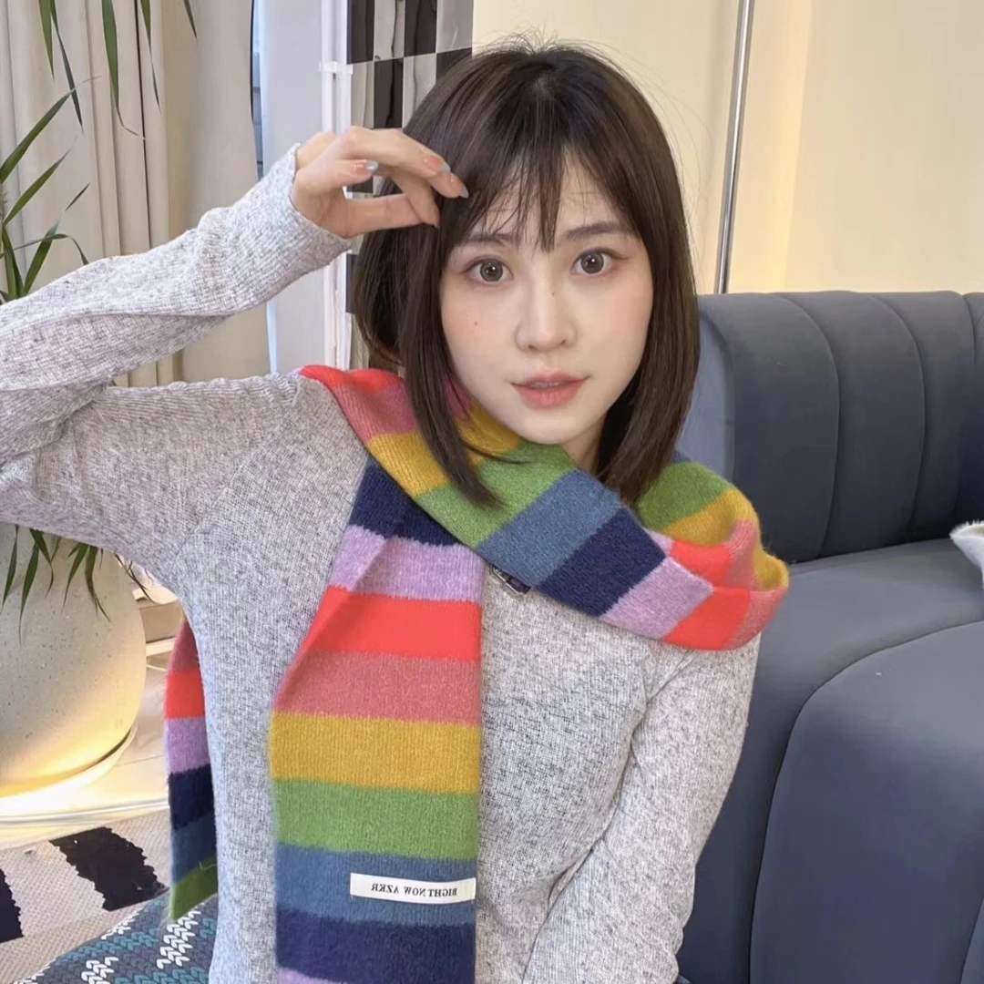 韩版新款七彩条纹拼色彩虹学院氛围复古毛绒百搭显白针织围巾保暖