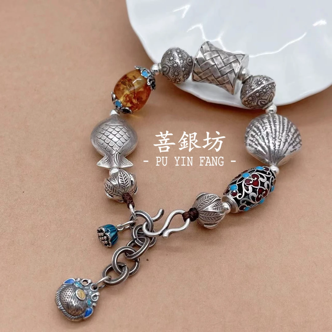925银珐琅手链 【菩银坊】925银手工银多宝手链，原创设计，个性时尚