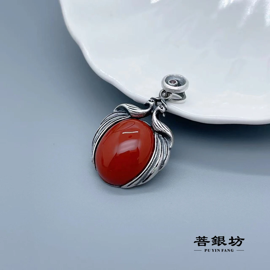【菩银坊】玛瑙  鸿运双凤古法红珠吊坠  民族风  百搭
