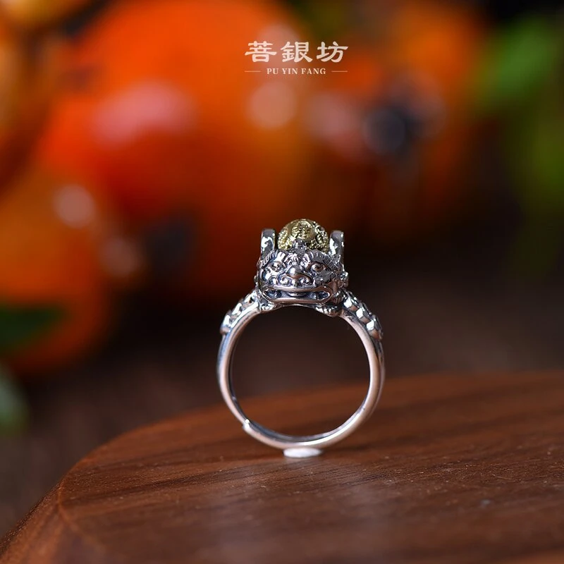 925银珐琅戒指 【菩银坊】玲珑珠貔貅戒指