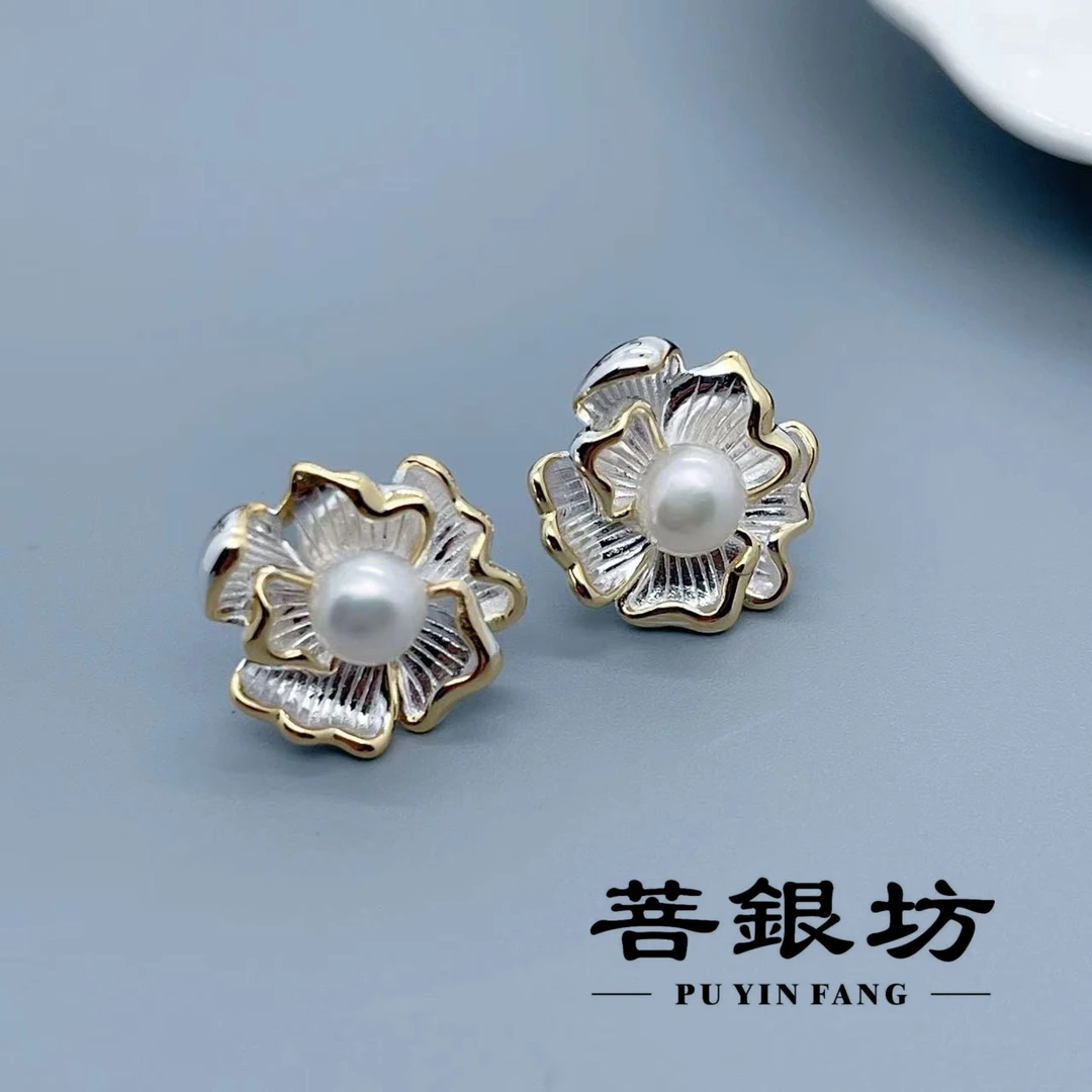 925银珐琅耳饰 【菩银坊】浮雕鎏金牡丹耳钉 实心 轻奢 小众 百搭