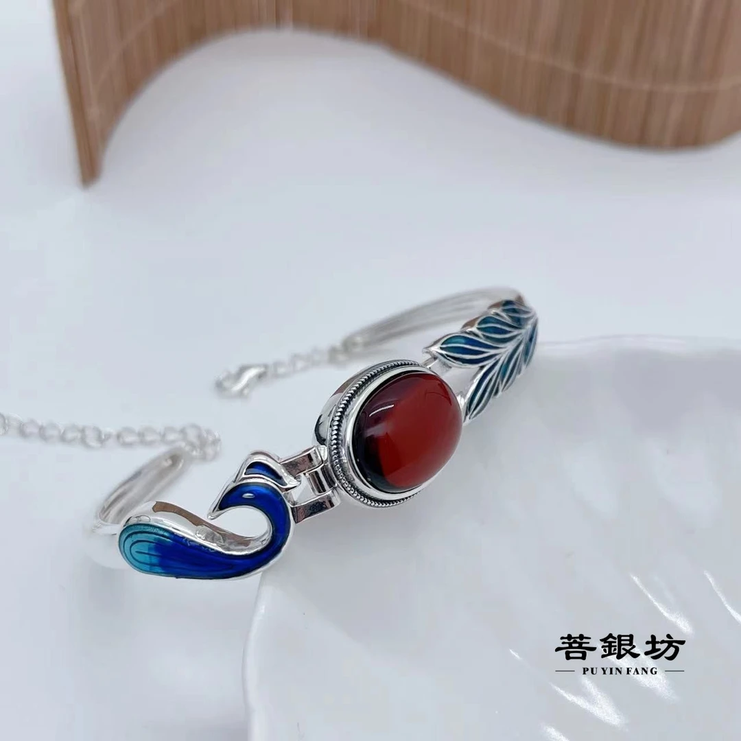 925银珐琅手链 【菩银坊】925银珐琅彩蓝凤凰软手镯，可调节圈口