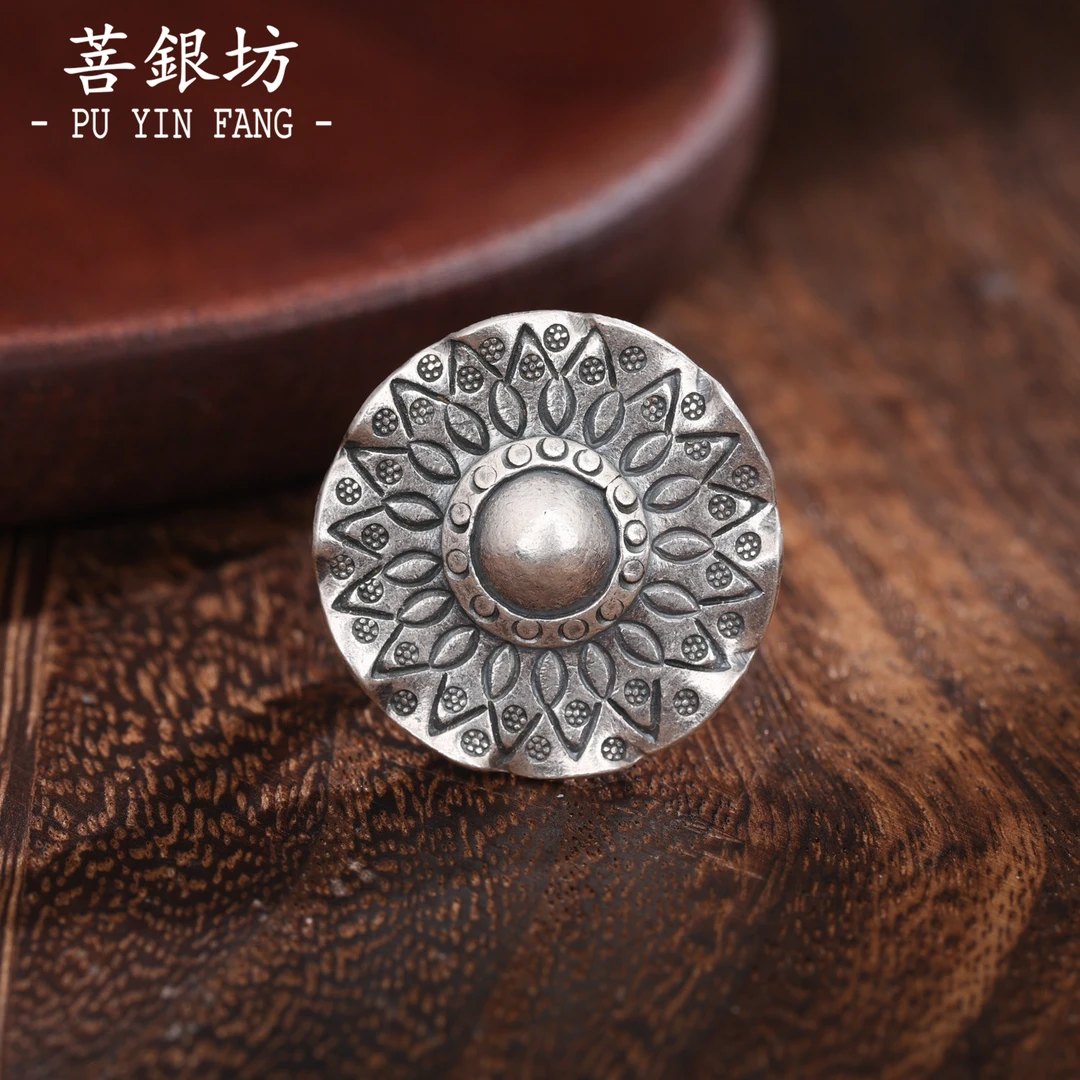 925银戒指 【菩银坊】手工錾刻太阳花戒指 时尚 做旧 个性