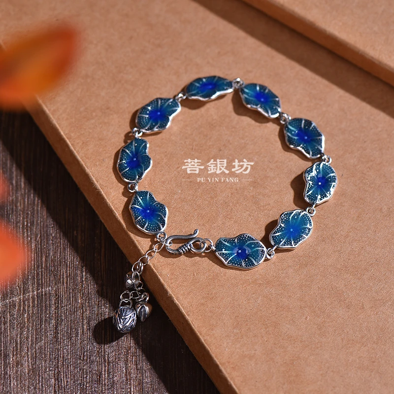 925银珐琅手链 【菩银坊】莲叶何田田荷叶手链 手工