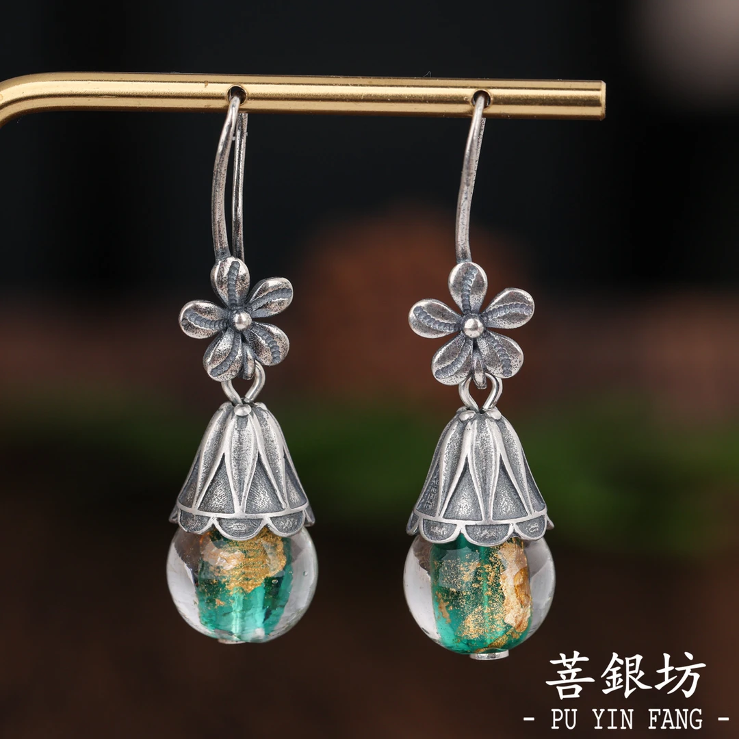 925银耳饰 【菩银坊】琉璃珠耳环 古风 气质  做旧