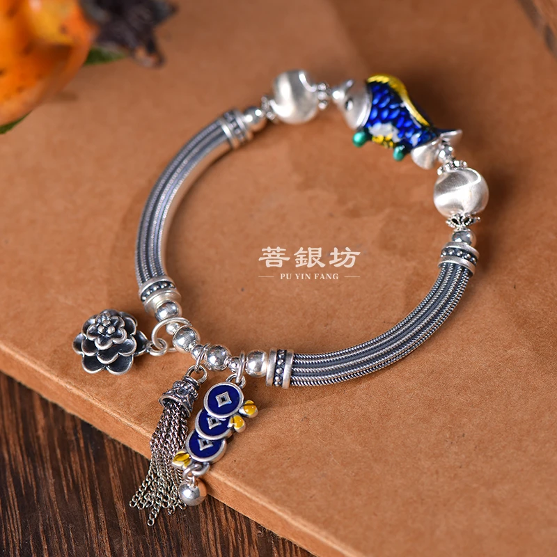 足银珐琅手链 【菩银坊】足银999锦鲤弯管路路通手链 气质 百搭