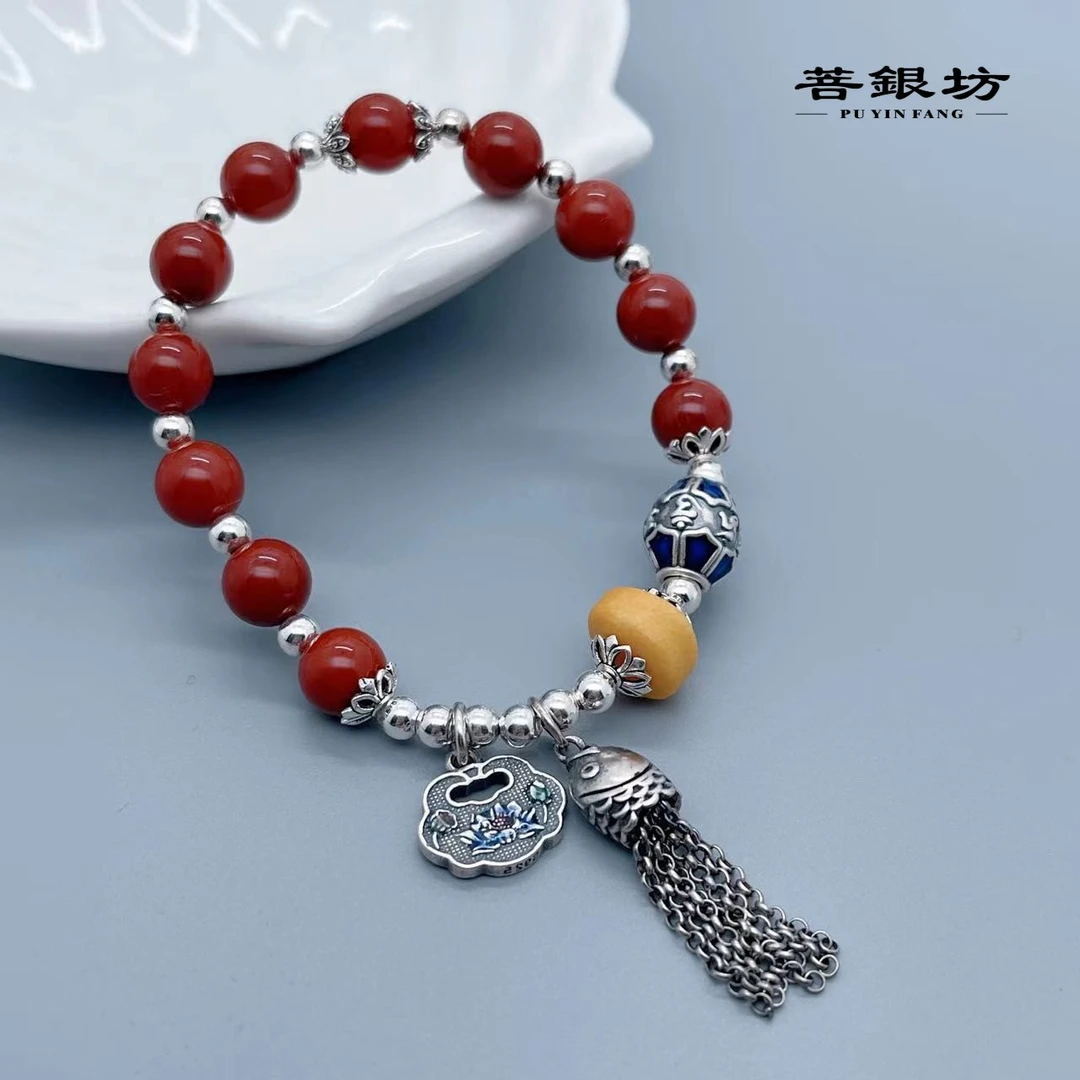 【菩银坊】925银珐琅彩六字转转珠小鱼流苏手链 8mm+