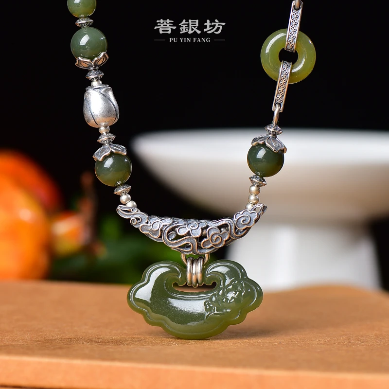 【菩银坊】风华 S925银 和田玉莲花锁项链 50+5cm  礼物
