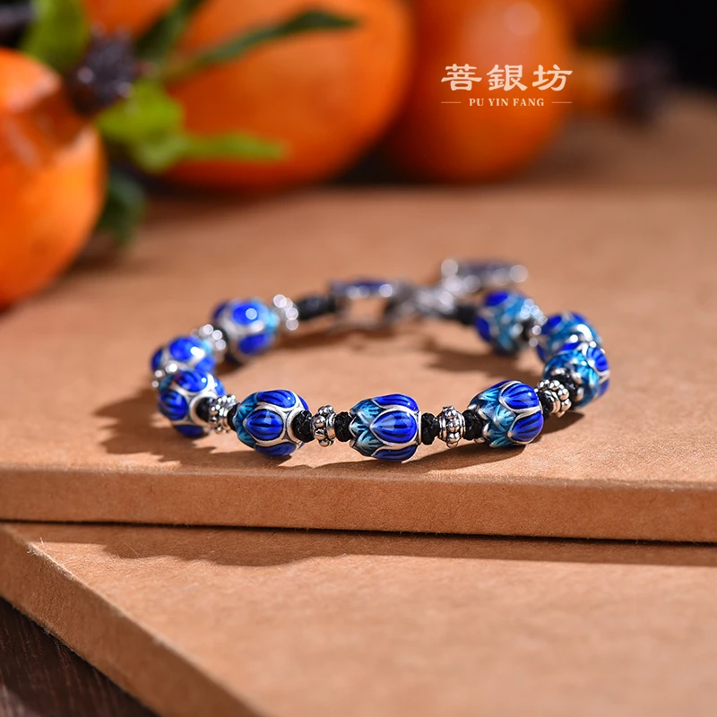 足银珐琅手链 【菩银坊】九朵莲 莲花手链