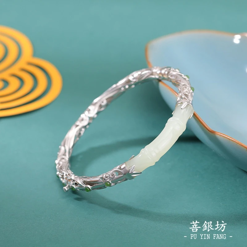 【菩银坊】S925银和田玉 水中仙 节节高升 竹节手镯 气质 中国风