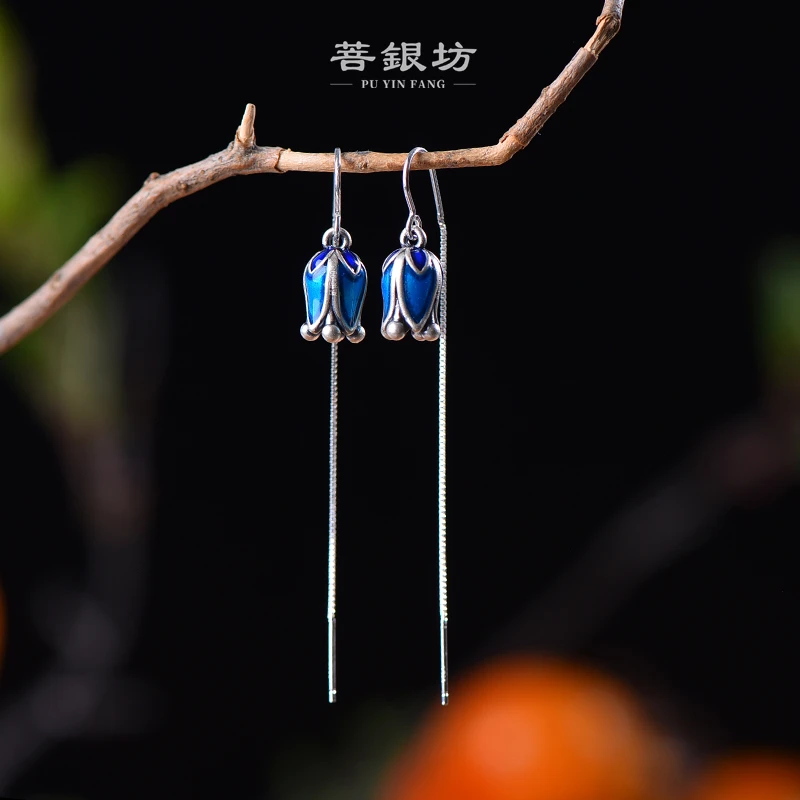 足银珐琅耳饰 【菩银坊】莲花耳线  铃兰花防丢耳线 升级加长版