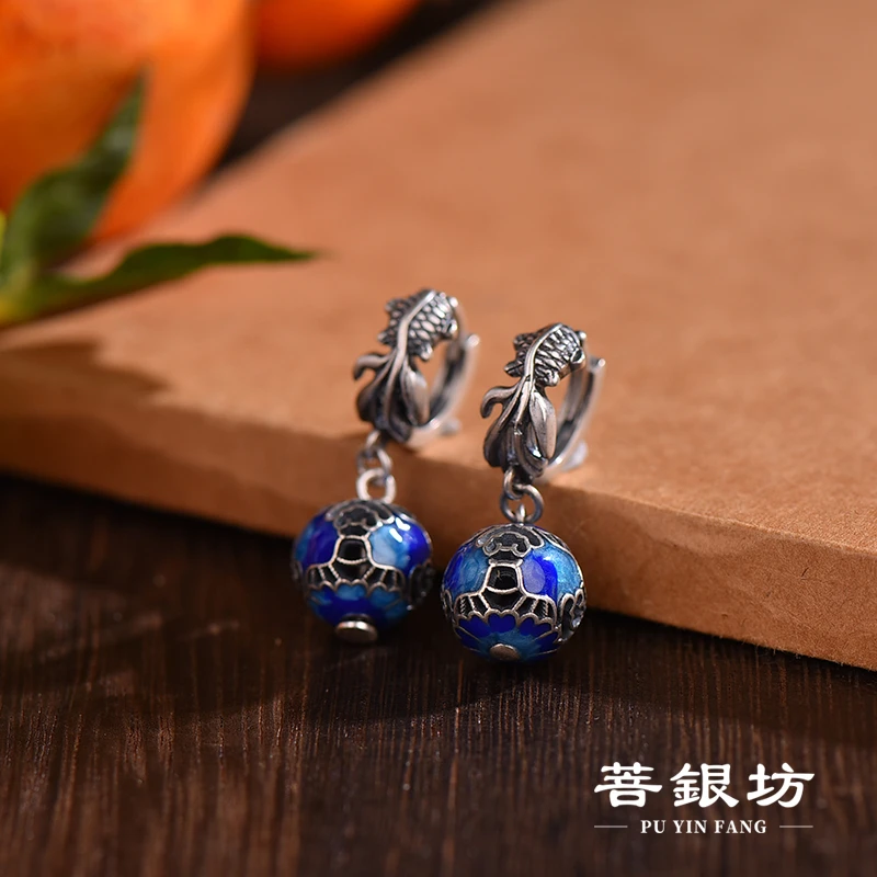 925银珐琅耳饰 【菩银坊】玲珑珠 锦鲤耳扣 祥云耳扣