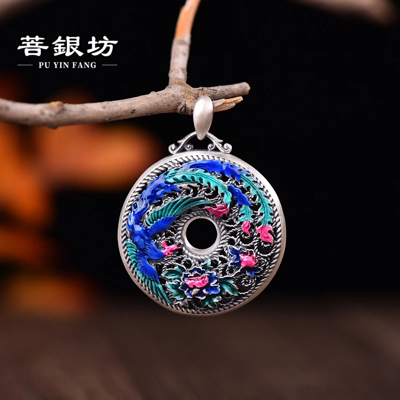 吊坠足银珐琅 【菩银坊】花丝工艺凤穿牡丹平安扣凤凰吊坠