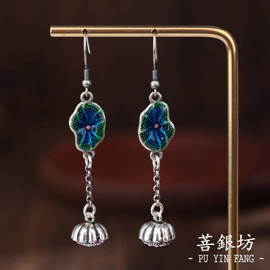 925银珐琅耳饰 【菩银坊】荷塘月色耳环  国风 气质 纯手工