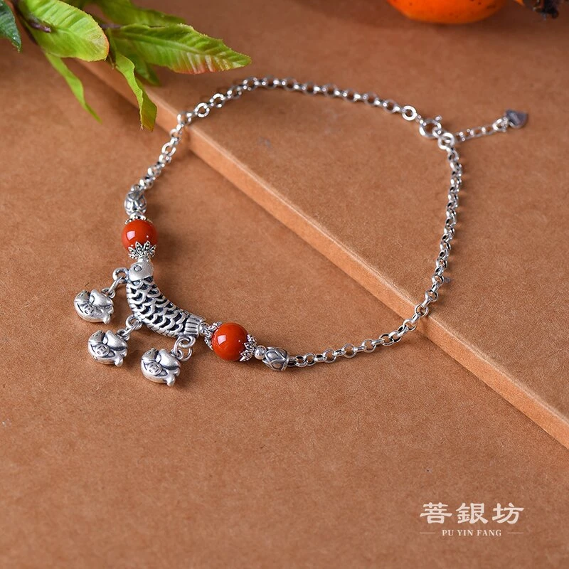 足银脚链 【菩银坊】小鱼元宝脚链 25cm