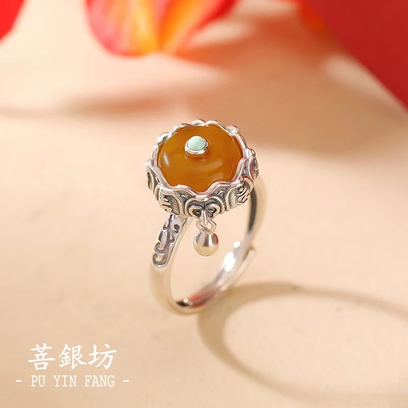 【菩银坊】蜜蜡S925银 六字箴言 莲花 转转戒指  民族风 复古