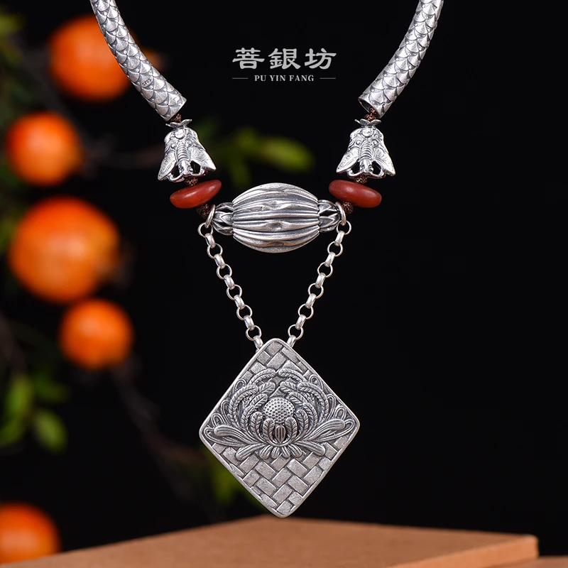 坠链均925银珐琅 【菩银坊】个性龙鳞弯管转运珠项链，50厘米