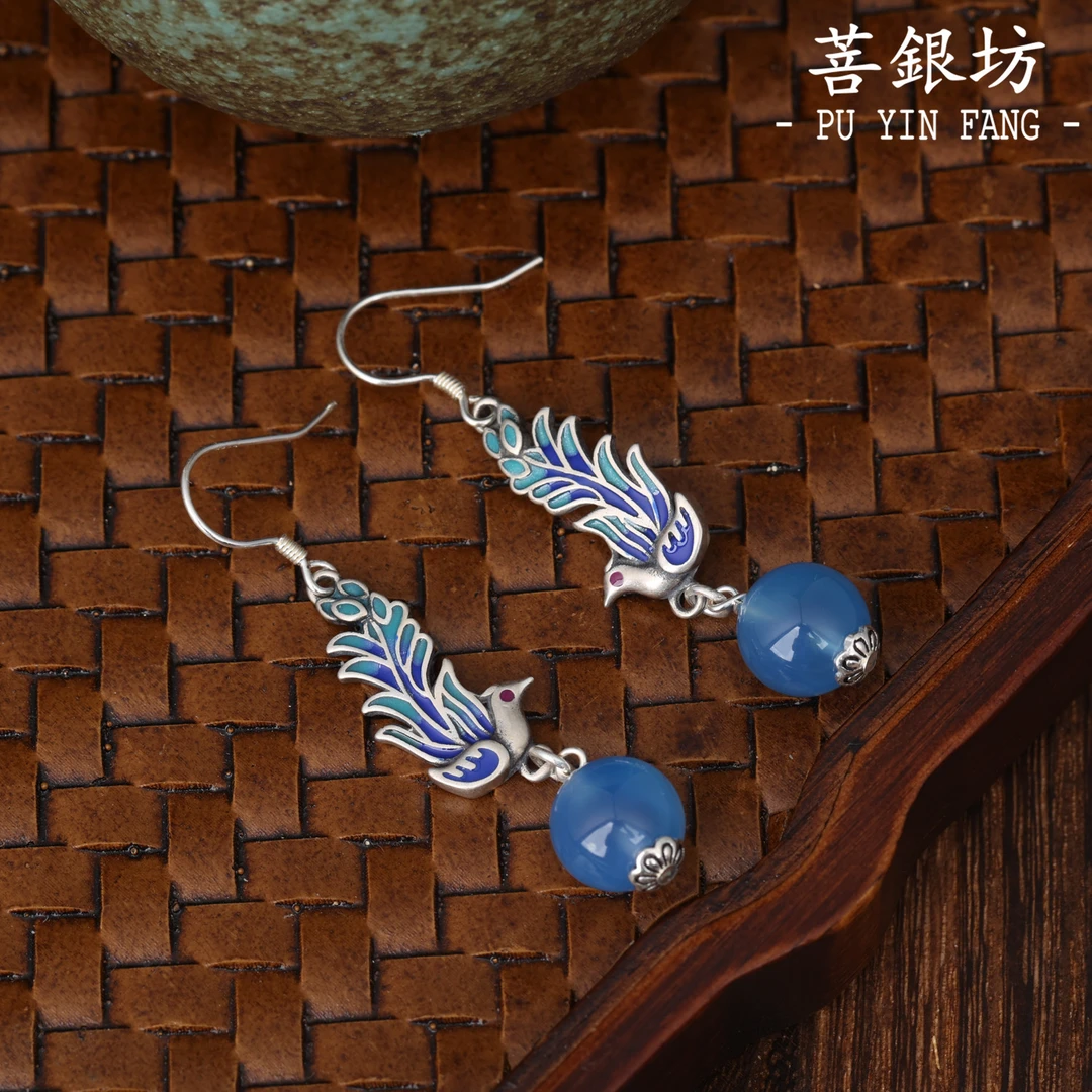 【菩银坊】糖心玛瑙S925银 赛里木湖凤凰耳环 10mm 国风 原创 气质