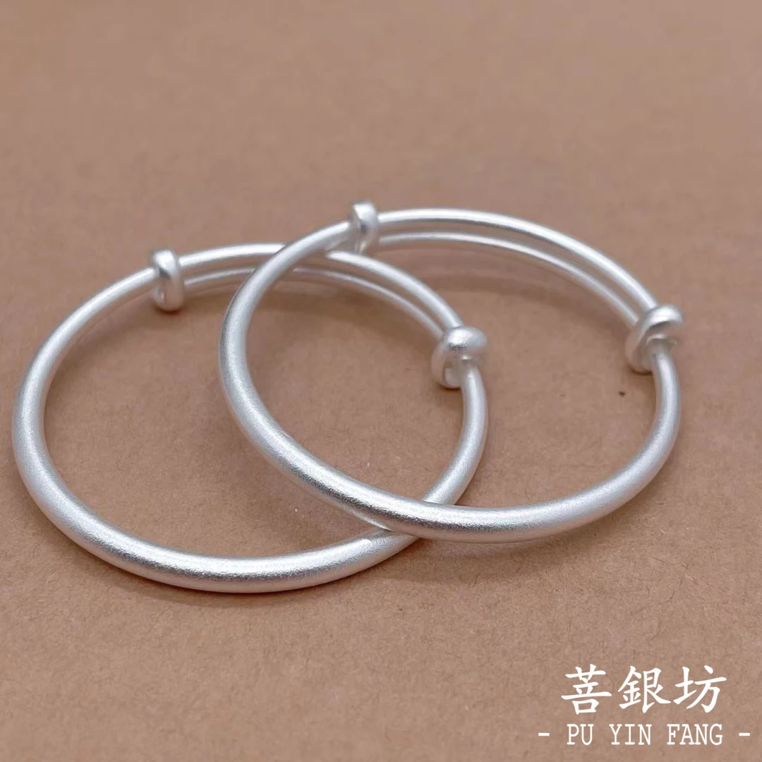 足银手镯 【菩银坊】足银9999古法圆棍实心童镯，可调式圈口