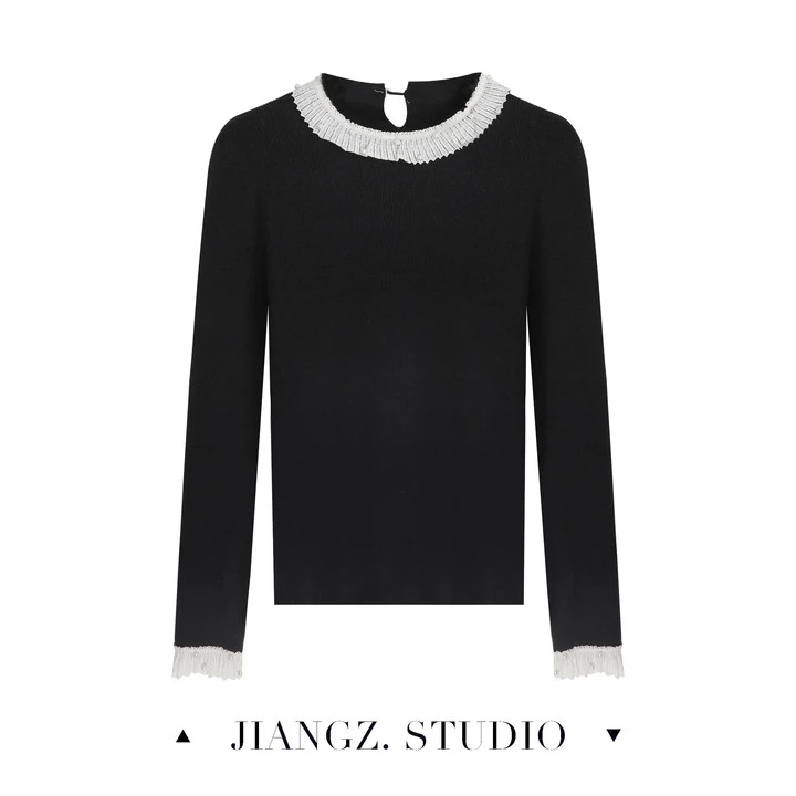 panii【珍珠少女】气质钉珠拼接蕾丝花边针织打底衫毛衣24MJ4395