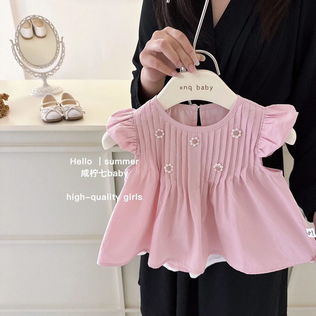 【现现】2023夏季新款韩版洋气可爱压褶上衣短裤女童套装两件套潮