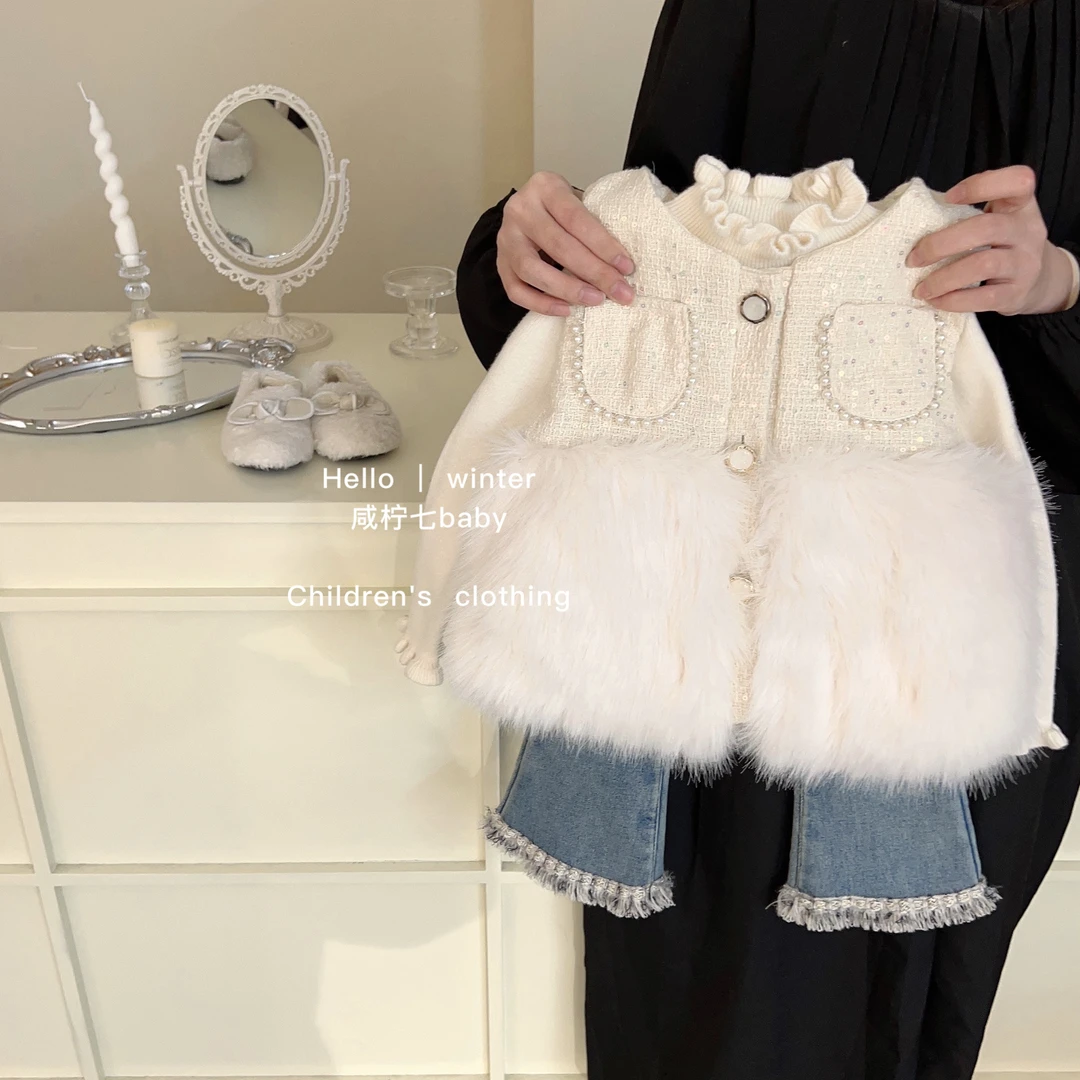 【现现】儿童新款2023女童秋冬款保暖加厚毛毛衣马甲外套女宝宝冬装