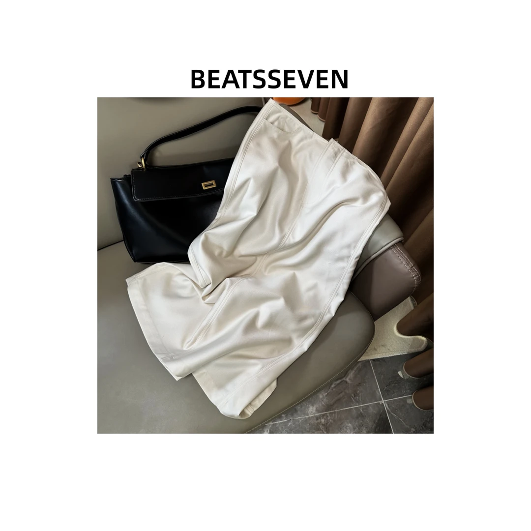 曹WVWV ~亚麻半身裙女秋季新款白色老钱气质休闲直筒中长裙子