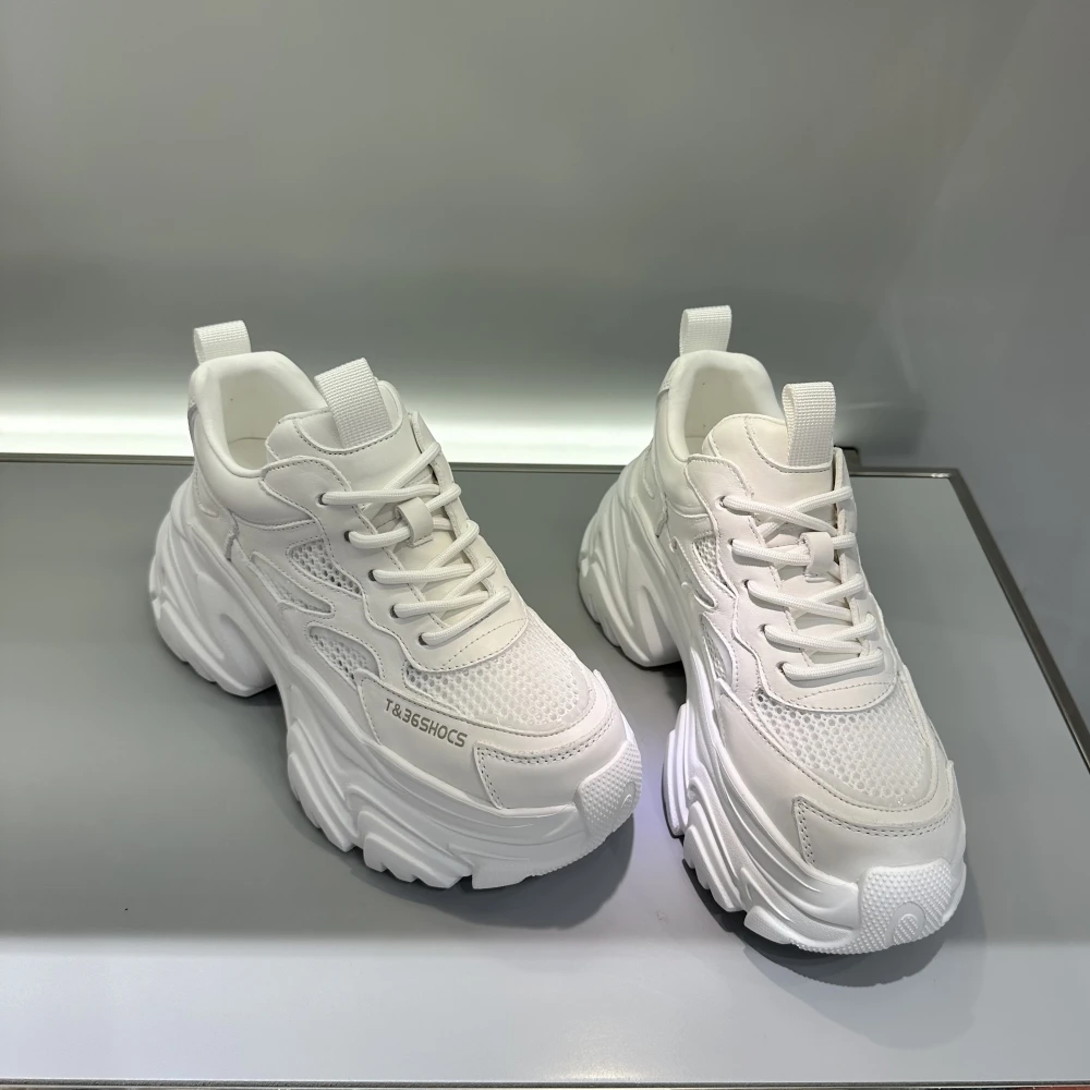 8CM 厚底增高 新款夏季真皮网面松糕厚底小白鞋小个子老爹鞋女潮