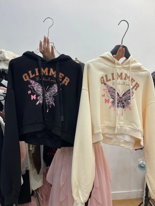 短款辣妹潮牌小蝴蝶连帽卫衣