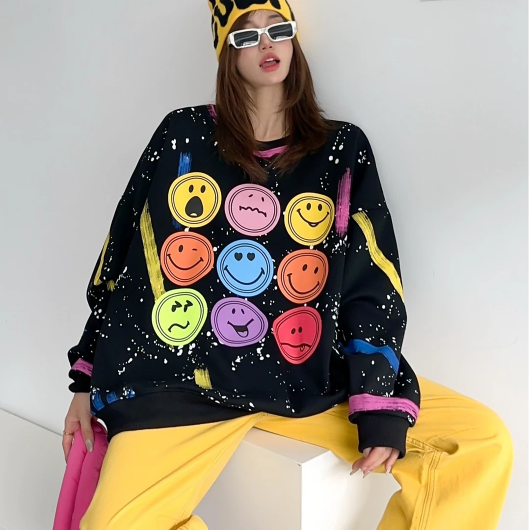 《微笑向阳潮牌加绒卫衣》长袖时尚休闲百搭宽松圆领印花潮流韩版