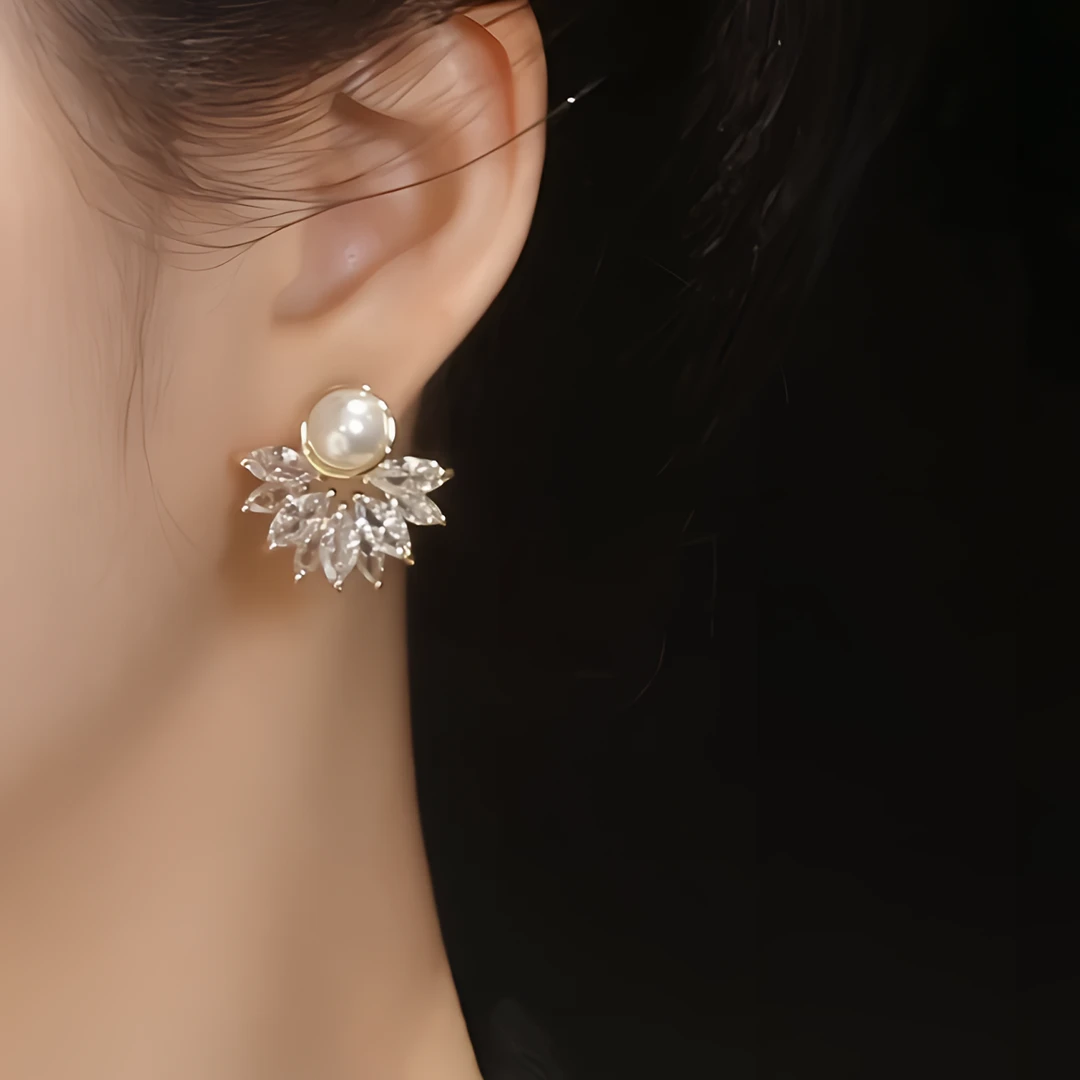 铜合金合成锆石耳饰 法式独特设计感贝珠气质轻奢 个性百搭耳钉女