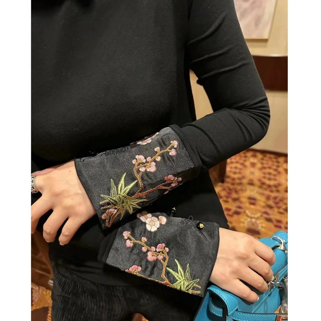 2023秋冬新款中式国风刺绣拼接袖口莱赛尔高领弹力打底衫打底T恤