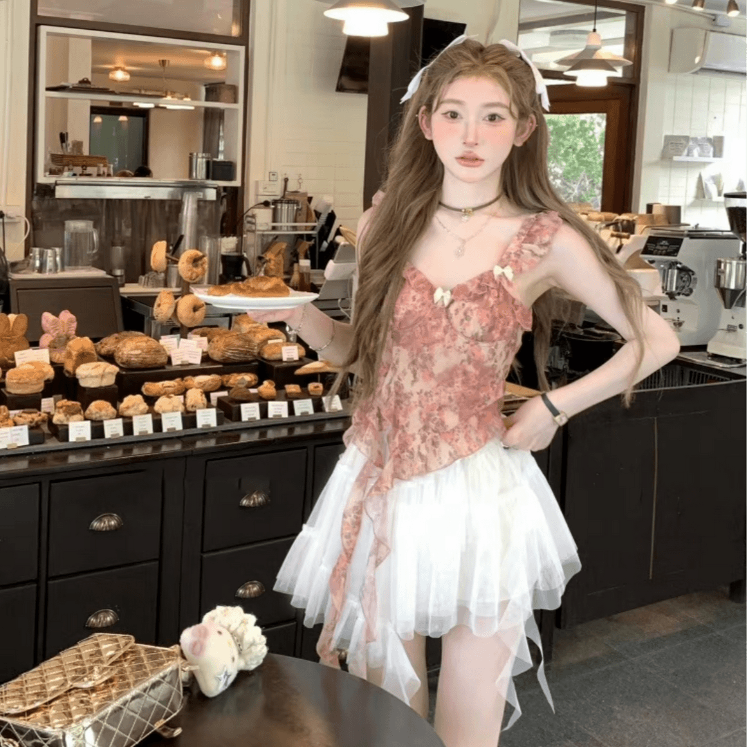 夏季新款法式飞飞袖短款碎花吊带背心纯欲芭蕾不规则飘带网纱裙女