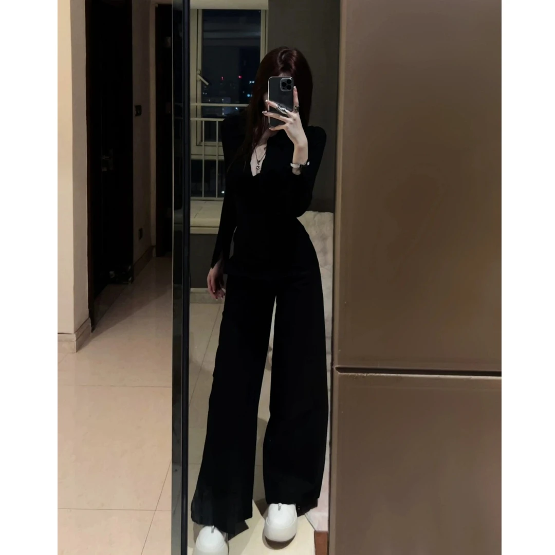 美式气质女神秋冬百搭修身显瘦收腰V领长袖T恤低腰垂感直筒阔腿裤