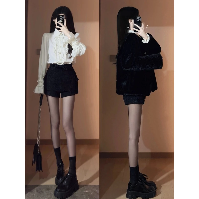 甜辣妹黑色环保毛毛外套+法式小香风衬衫+高腰百搭丝绒裙裤三件套