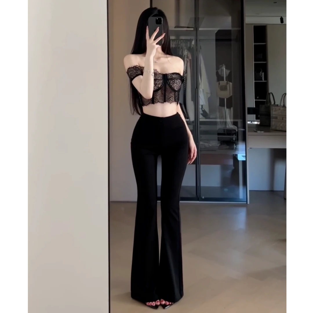 性感蕾丝透视修身气质小心机辣妹纯欲短款背心搭配显瘦高腰裤子