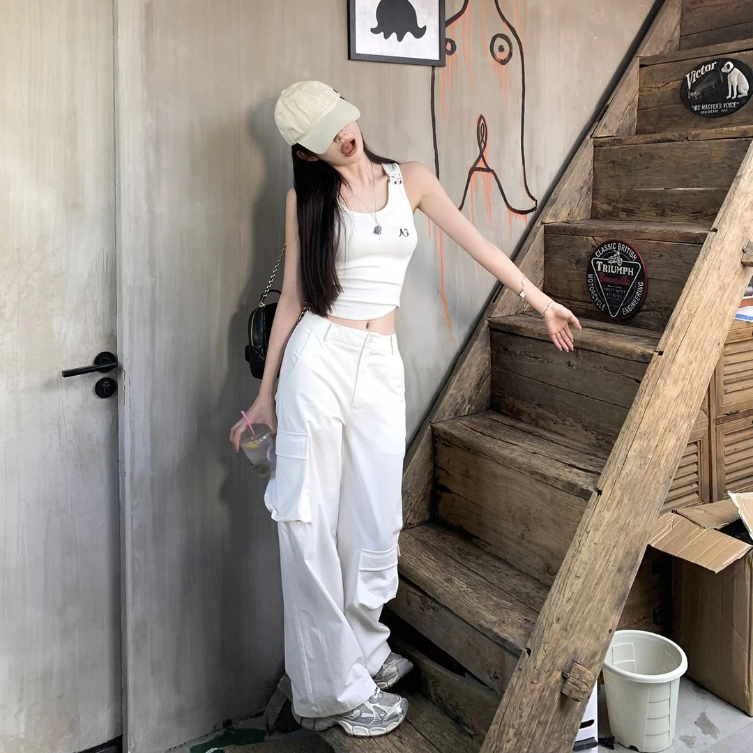 美式穿搭2024夏季新款性感显瘦外穿别致吊带短款背心高腰工装裤女