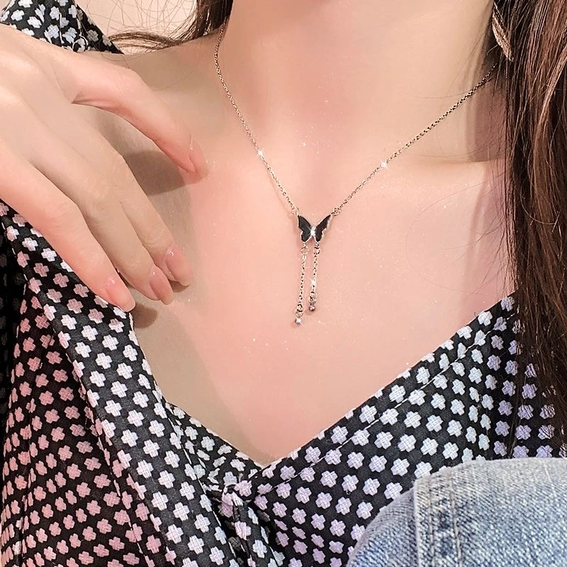 不锈钢项链 ins黑色流苏蝴蝶吊坠毛衣项链轻奢小众锁骨链女百搭