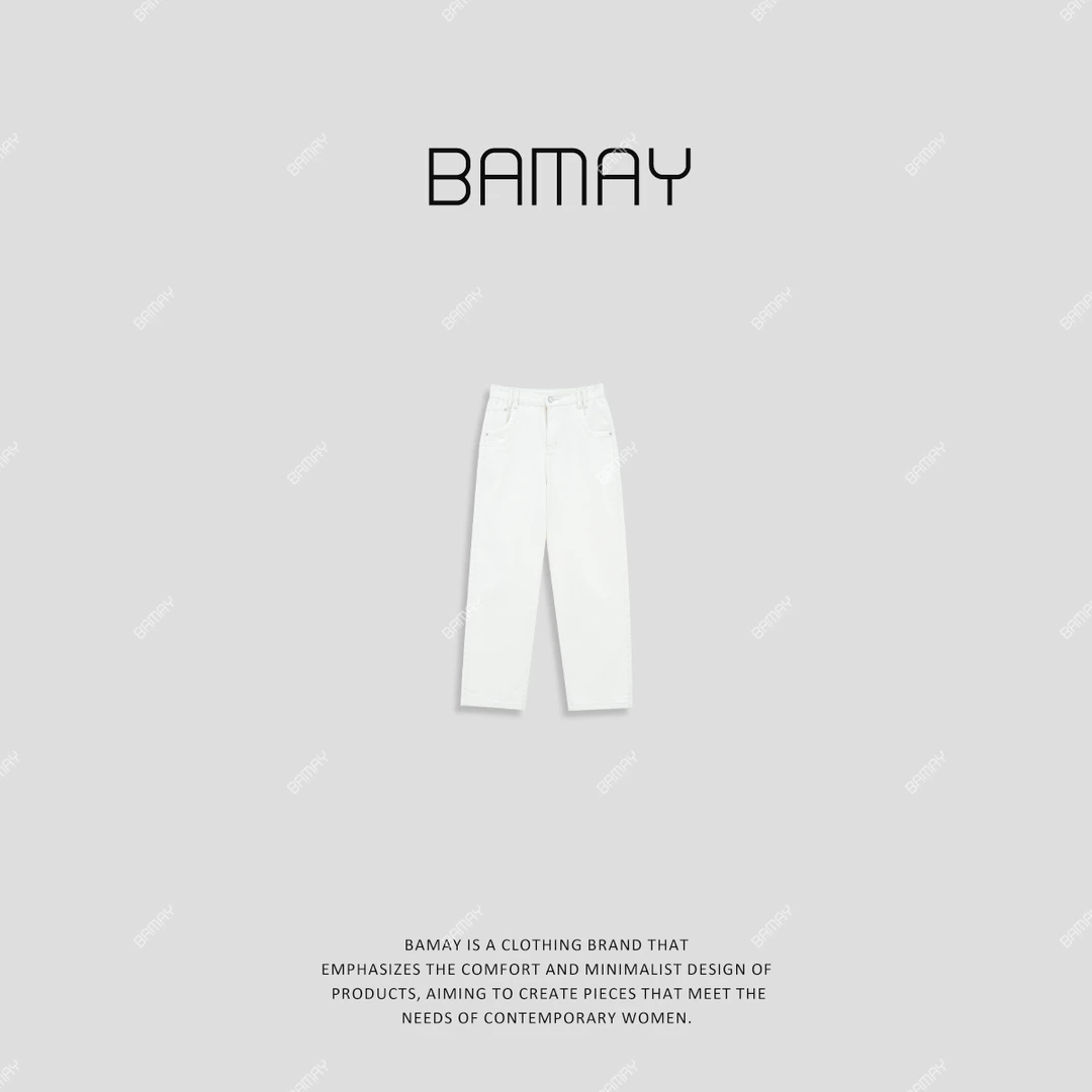 【BAMAY】白色牛仔裤复古简约宽松显瘦直筒休闲长裤BM2402PJ0132D