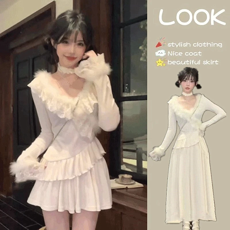 纯欲甜美套装女秋冬蕾丝毛毛拼接长袖上衣高腰蛋糕长半身裙两件套