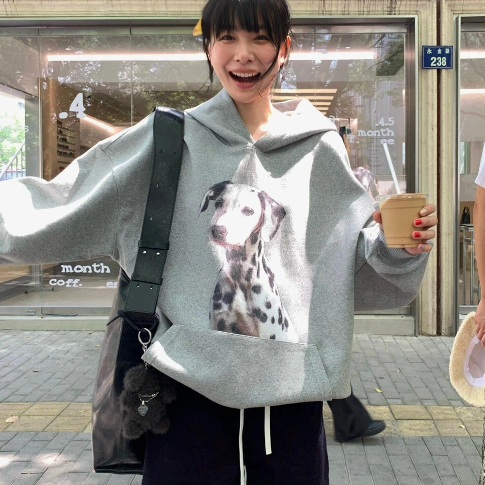 NASA美式复古斑点狗连帽套头卫衣女春秋宽松学院风百搭外套chic潮