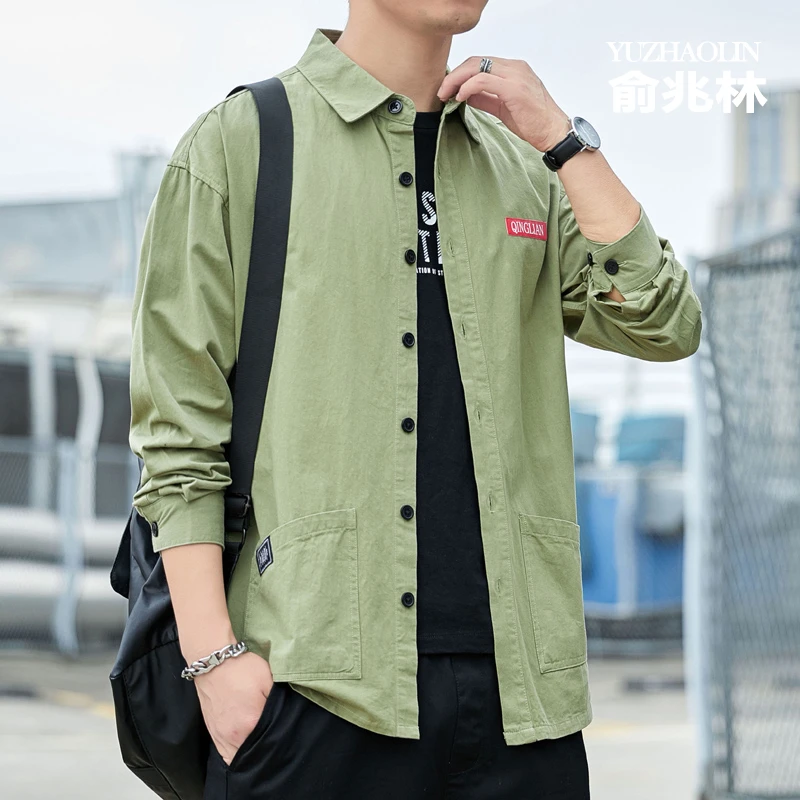 早春新款时尚男士工装港风纯棉长袖衬衣休闲百搭衬衫纯色小外套潮