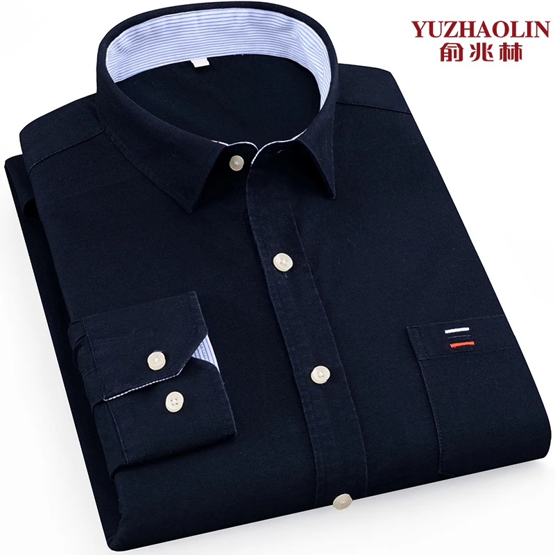 俞兆林纯棉商务长袖衬衣藏青色中青年男士休闲衬衫修身男装寸杉