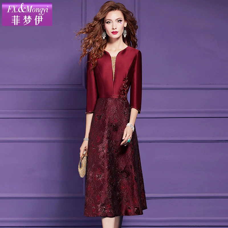 菲梦伊新款时尚提花显瘦A摆七分袖钉珠连衣裙59332