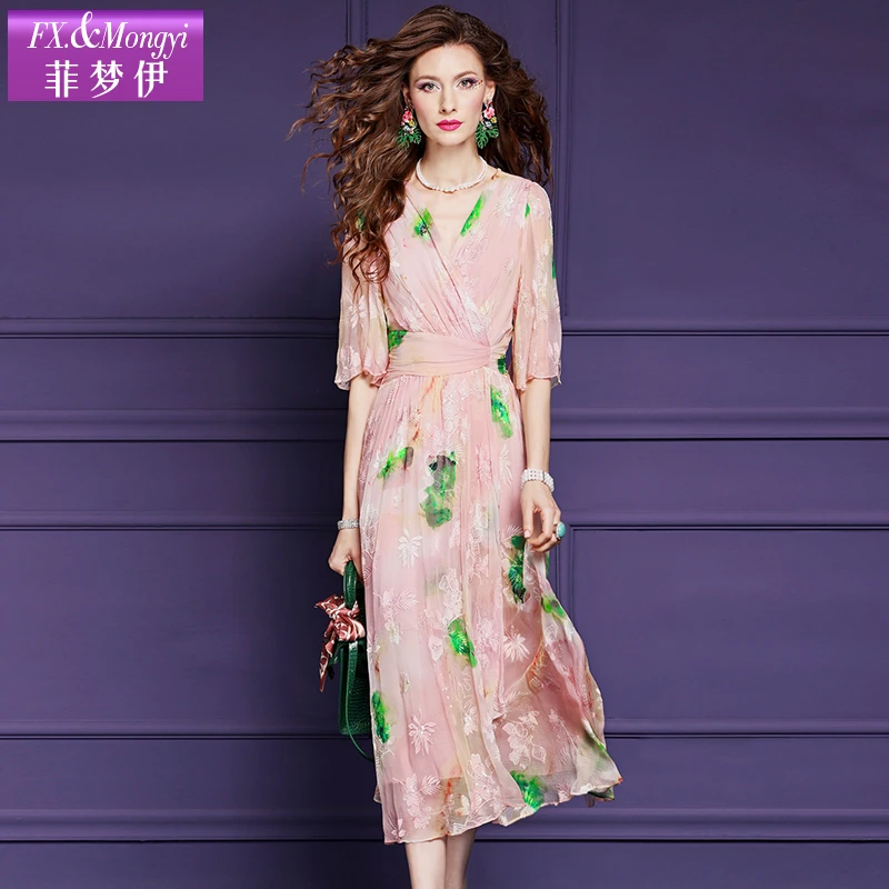 菲梦伊100%桑蚕丝夏季新款重工刺绣亮片连衣裙女印花中长裙57889