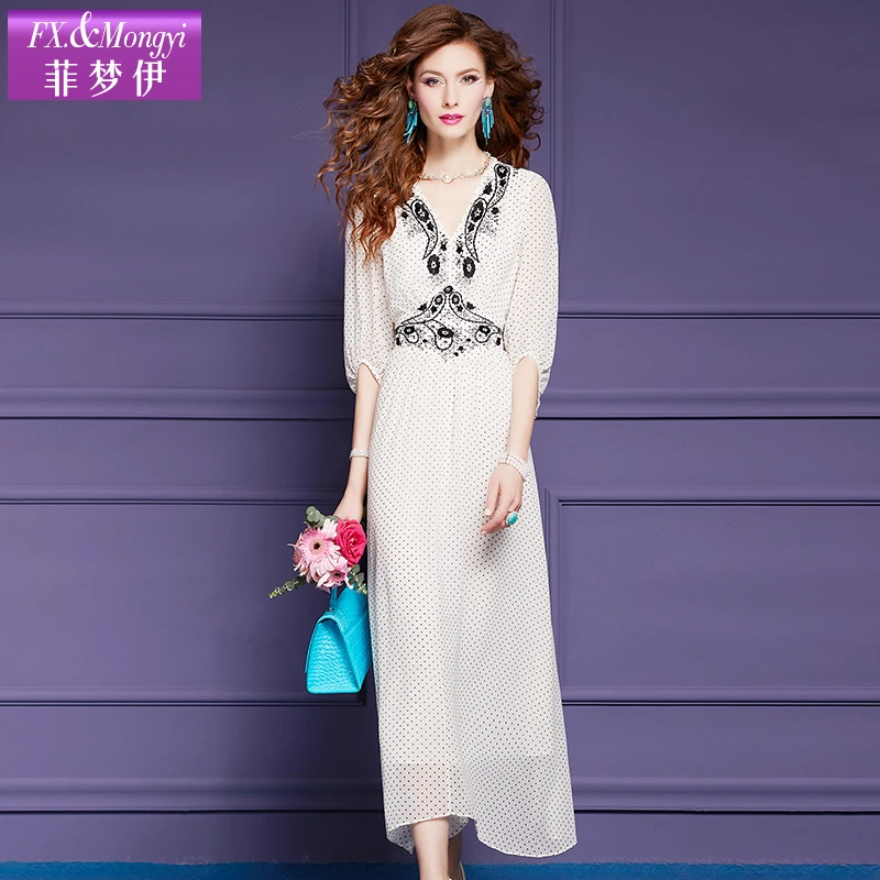 菲梦伊夏季新款波点印花刺绣花朵连衣裙法式优雅显瘦长裙56100