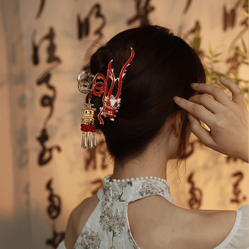 【中秋礼物】原创龙运当头双面红色龙年抓夹创新百搭中国风发夹头饰